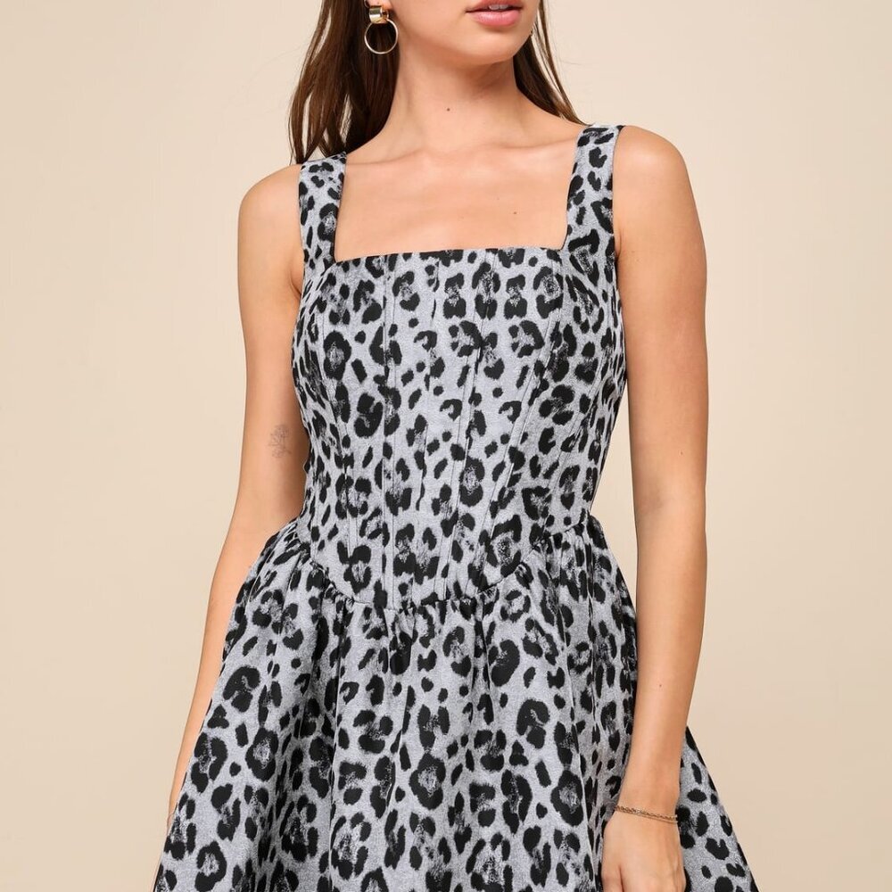 Lulus Untamed Cutie Grey Leopard Jacquard Bustier Mini Dress - Size XS - Picture 3 of 4